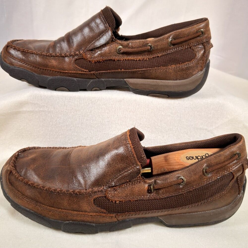 Twisted X Mens 11 Casual Leather Loafer Driving Mocs Slip On Distressed Brown